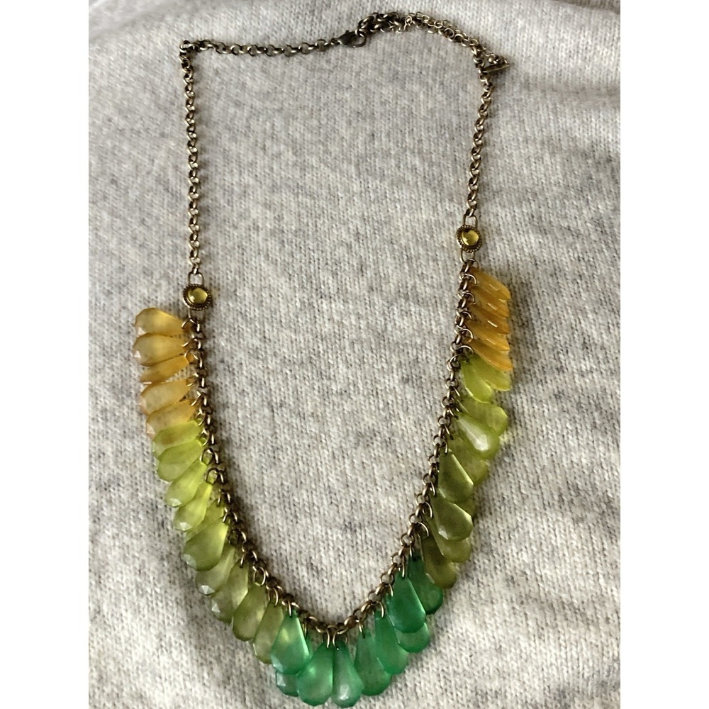 Gold Tone Ombre Bib Necklace Green Yellow Faceted Drop Beads Statement Artsy